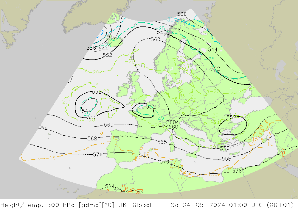 Hoogte/Temp. 500 hPa UK-Global za 04.05.2024 01 UTC