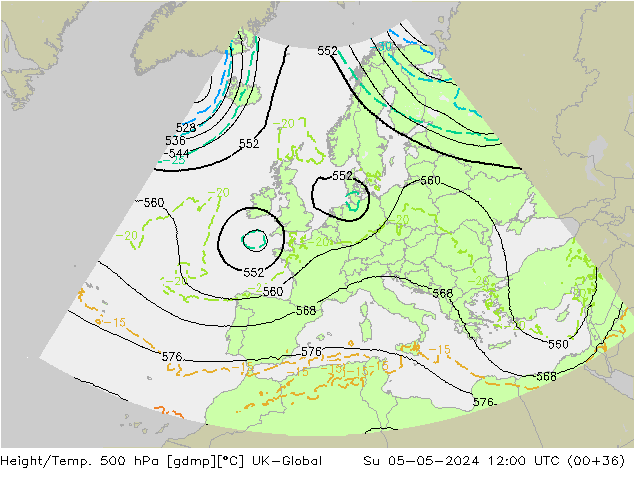 Height/Temp. 500 hPa UK-Global So 05.05.2024 12 UTC