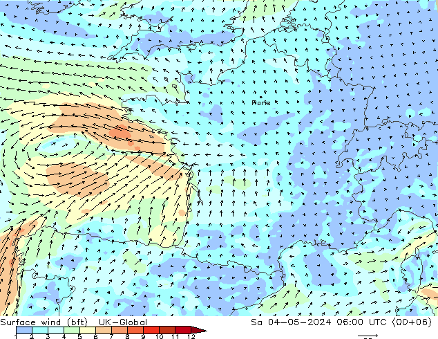 Vent 10 m (bft) UK-Global sam 04.05.2024 06 UTC