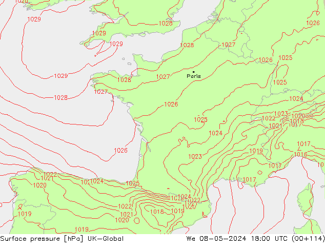 pressão do solo UK-Global Qua 08.05.2024 18 UTC