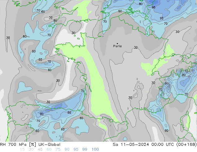 RH 700 hPa UK-Global sab 11.05.2024 00 UTC