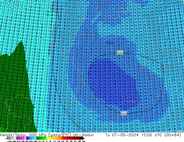 Yükseklik/Sıc. 500 hPa UK-Global Sa 07.05.2024 12 UTC