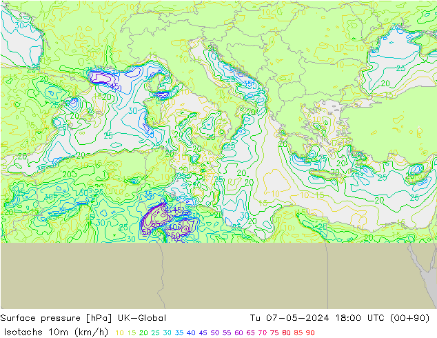Isotachs (kph) UK-Global Tu 07.05.2024 18 UTC