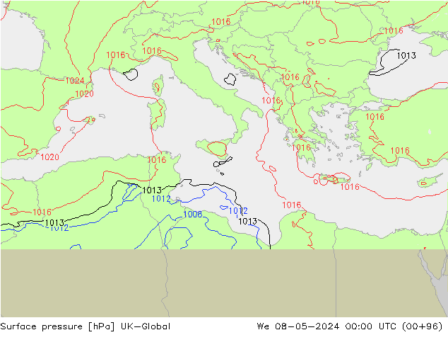 Pressione al suolo UK-Global mer 08.05.2024 00 UTC