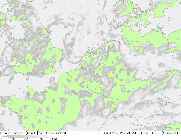 Cloud cover (low) UK-Global Tu 07.05.2024 18 UTC