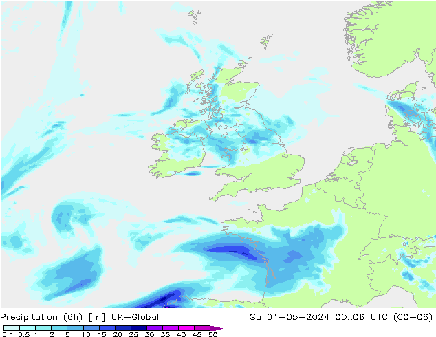 Precipitazione (6h) UK-Global sab 04.05.2024 06 UTC