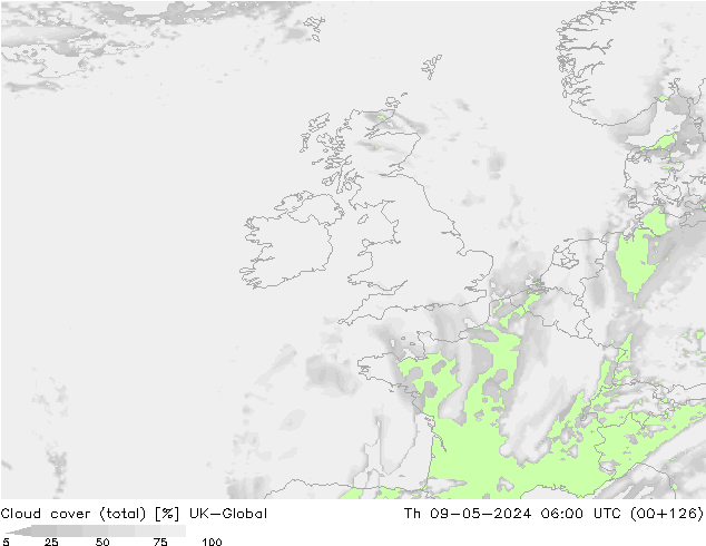 Bewolking (Totaal) UK-Global do 09.05.2024 06 UTC