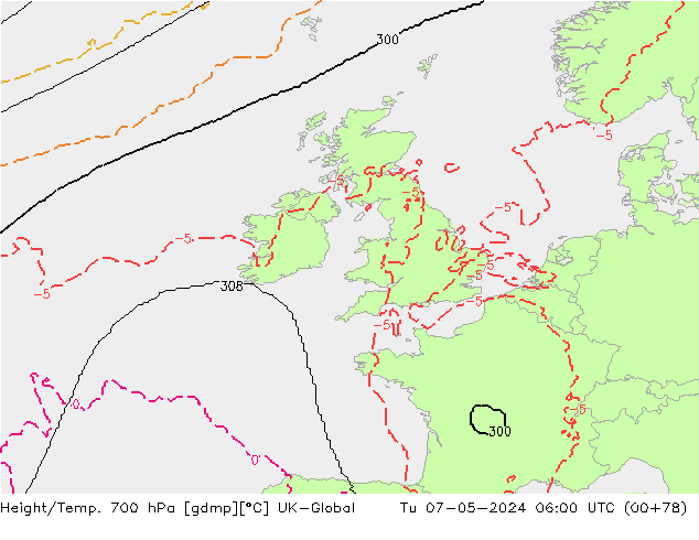 Height/Temp. 700 hPa UK-Global  07.05.2024 06 UTC