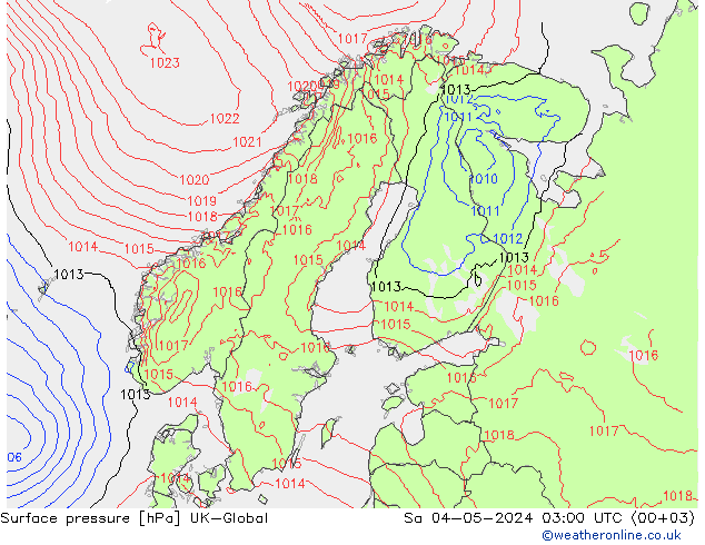 Atmosférický tlak UK-Global So 04.05.2024 03 UTC