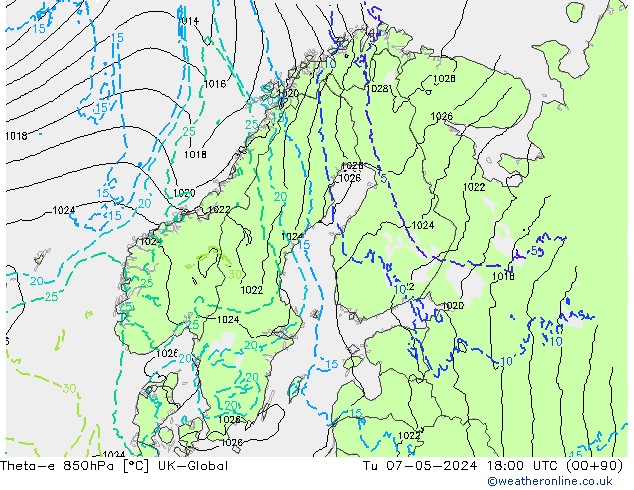Theta-e 850hPa UK-Global mar 07.05.2024 18 UTC