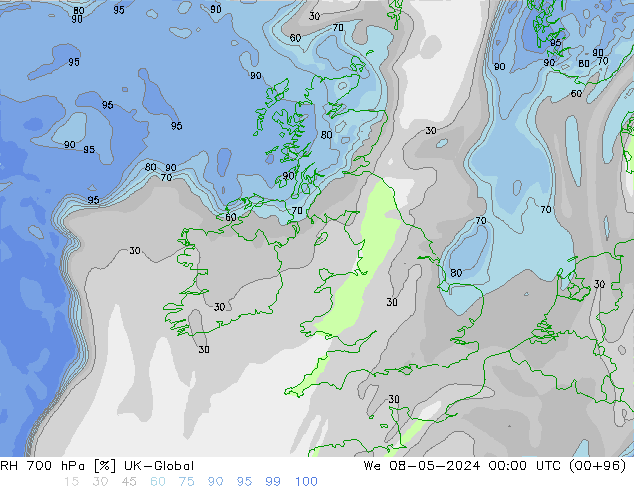Humedad rel. 700hPa UK-Global mié 08.05.2024 00 UTC