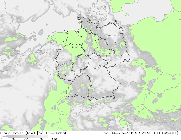 zachmurzenie (niskie) UK-Global so. 04.05.2024 07 UTC
