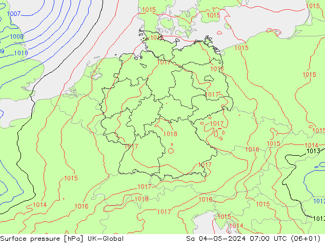 地面气压 UK-Global 星期六 04.05.2024 07 UTC