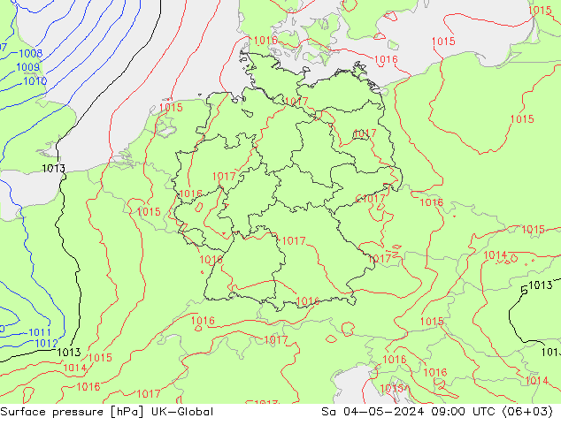 Presión superficial UK-Global sáb 04.05.2024 09 UTC