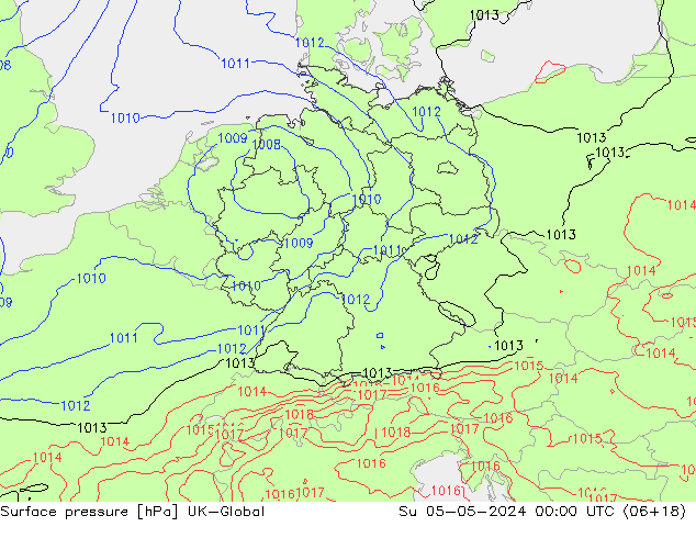 Pressione al suolo UK-Global dom 05.05.2024 00 UTC