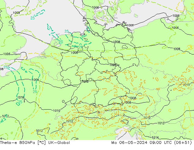 Theta-e 850гПа UK-Global пн 06.05.2024 09 UTC