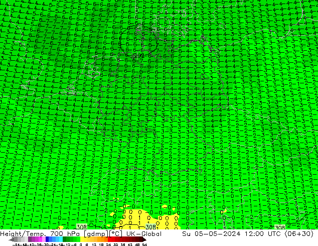 Height/Temp. 700 hPa UK-Global  05.05.2024 12 UTC