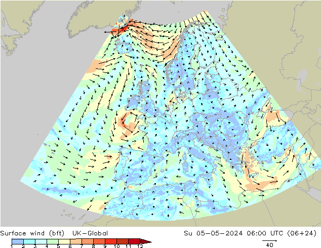 Surface wind (bft) UK-Global Su 05.05.2024 06 UTC