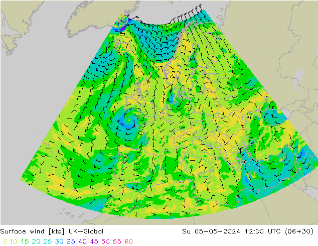 Surface wind UK-Global Su 05.05.2024 12 UTC