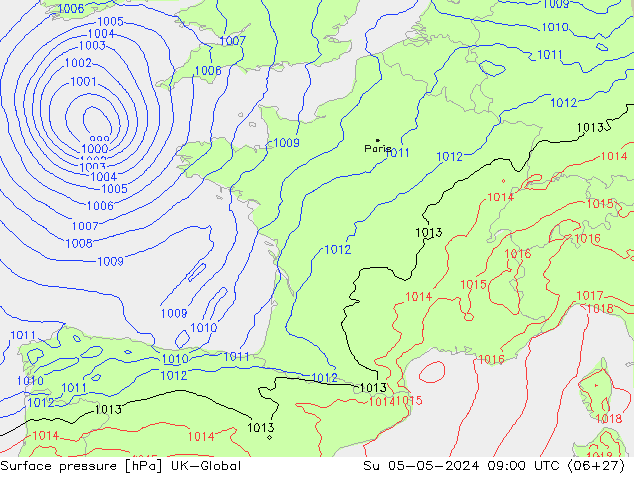 Atmosférický tlak UK-Global Ne 05.05.2024 09 UTC