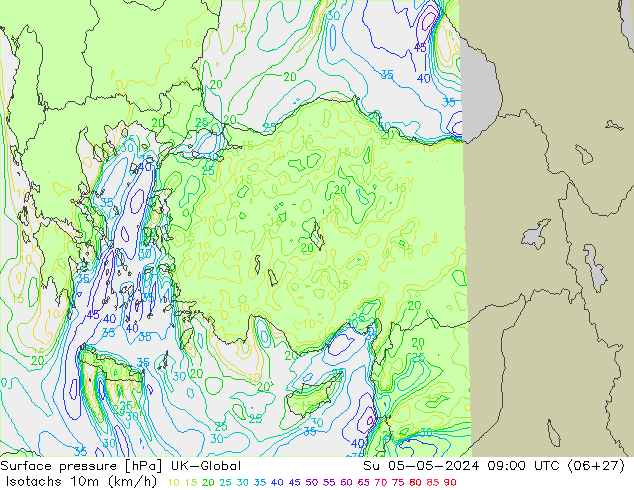 Isotachs (kph) UK-Global Su 05.05.2024 09 UTC