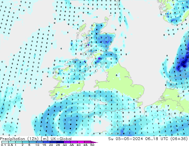 Precipitation (12h) UK-Global Su 05.05.2024 18 UTC