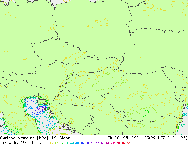 Isotachen (km/h) UK-Global do 09.05.2024 00 UTC