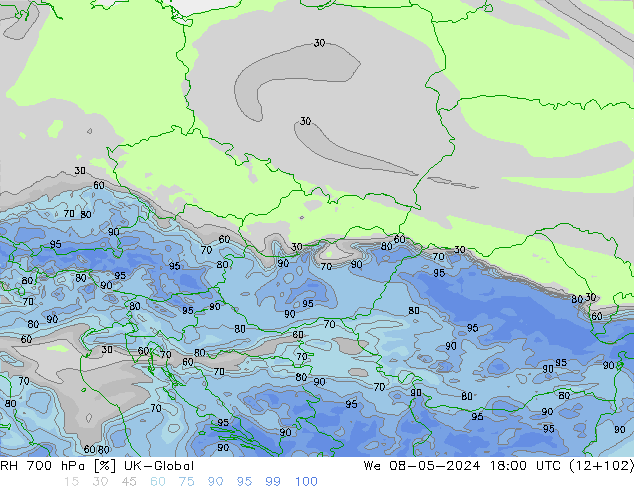 RH 700 hPa UK-Global We 08.05.2024 18 UTC