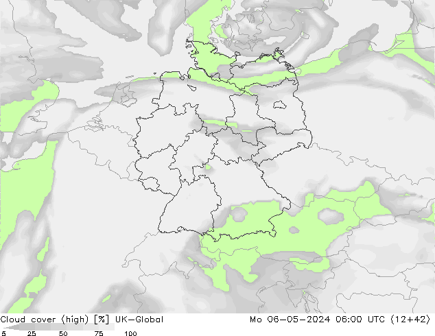 Cloud cover (high) UK-Global Mo 06.05.2024 06 UTC