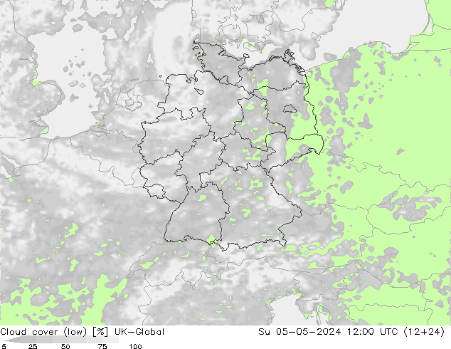 Cloud cover (low) UK-Global Su 05.05.2024 12 UTC