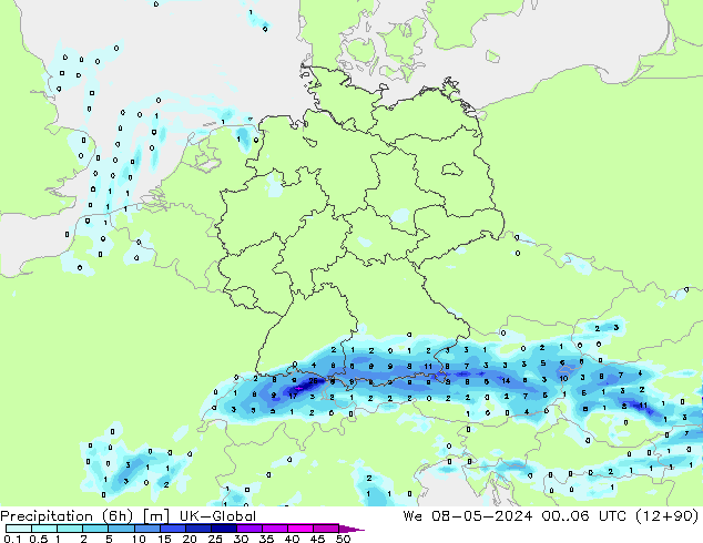 Precipitation (6h) UK-Global St 08.05.2024 06 UTC