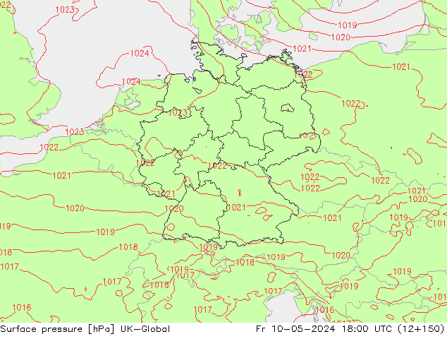 Pressione al suolo UK-Global ven 10.05.2024 18 UTC