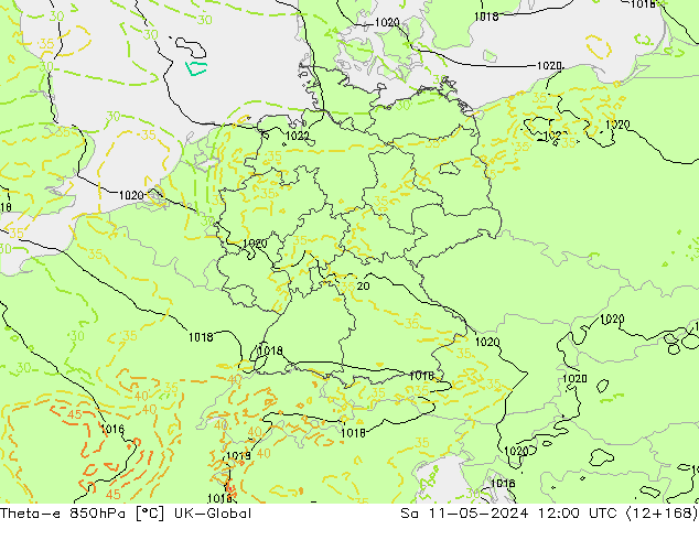 Theta-e 850hPa UK-Global Sa 11.05.2024 12 UTC