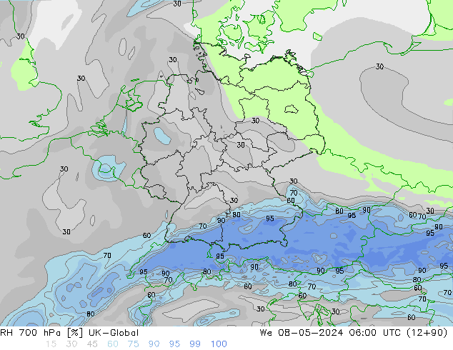 Humidité rel. 700 hPa UK-Global mer 08.05.2024 06 UTC