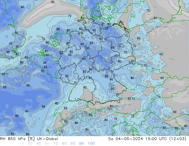 RH 850 hPa UK-Global 星期六 04.05.2024 15 UTC