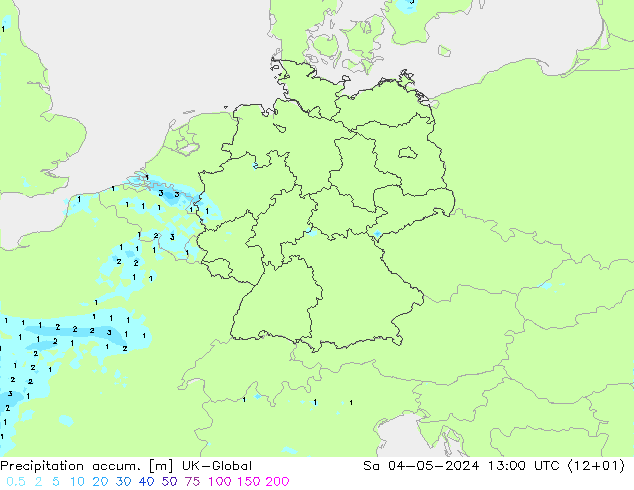 Précipitation accum. UK-Global sam 04.05.2024 13 UTC