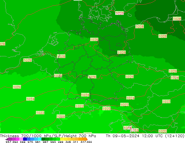 Espesor 700-1000 hPa UK-Global jue 09.05.2024 12 UTC