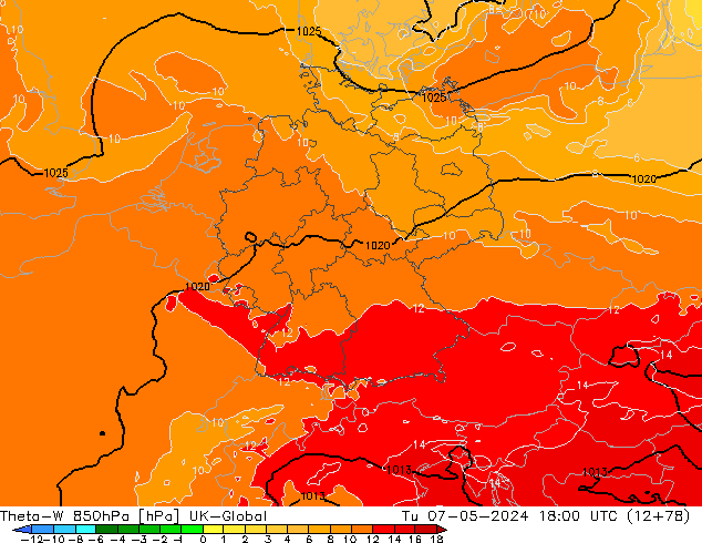 Theta-W 850hPa UK-Global Tu 07.05.2024 18 UTC
