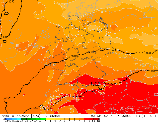 Theta-W 850hPa UK-Global mer 08.05.2024 06 UTC