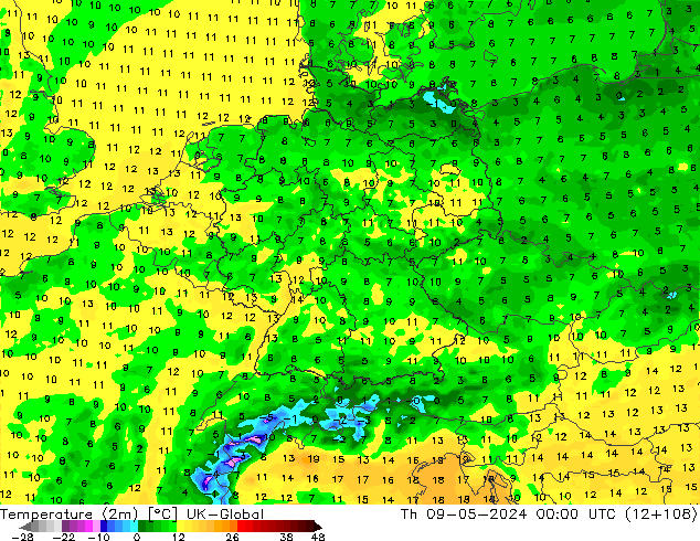 Temperatura (2m) UK-Global jue 09.05.2024 00 UTC