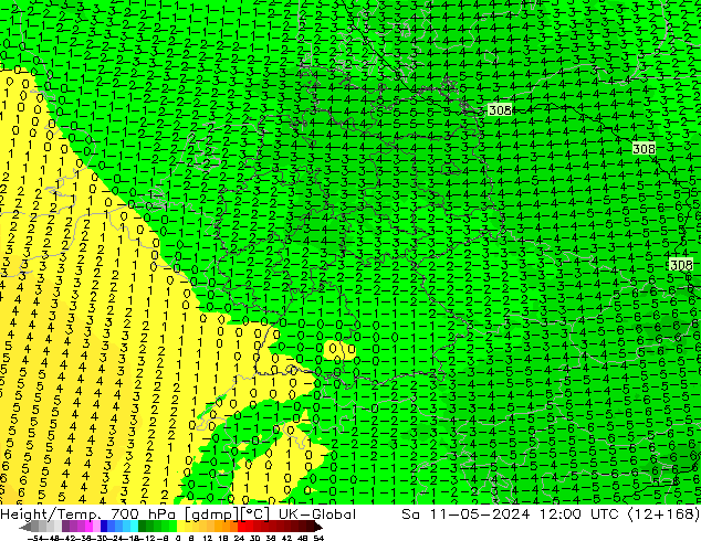 Height/Temp. 700 гПа UK-Global сб 11.05.2024 12 UTC