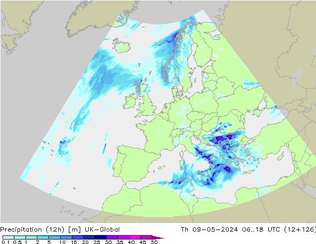 Precipitazione (12h) UK-Global gio 09.05.2024 18 UTC