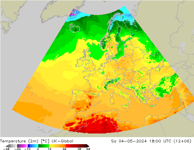 Sıcaklık Haritası (2m) UK-Global Cts 04.05.2024 18 UTC