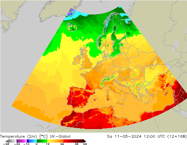 Temperaturkarte (2m) UK-Global Sa 11.05.2024 12 UTC