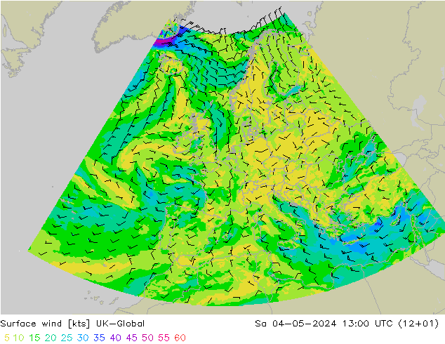 Viento 10 m UK-Global sáb 04.05.2024 13 UTC