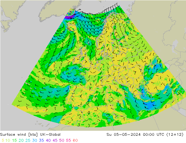 Vento 10 m UK-Global dom 05.05.2024 00 UTC