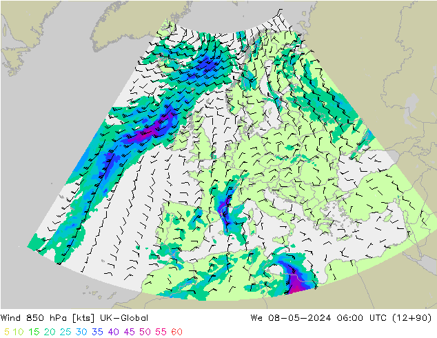 Vento 850 hPa UK-Global mer 08.05.2024 06 UTC
