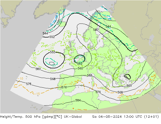 Height/Temp. 500 hPa UK-Global Sáb 04.05.2024 13 UTC