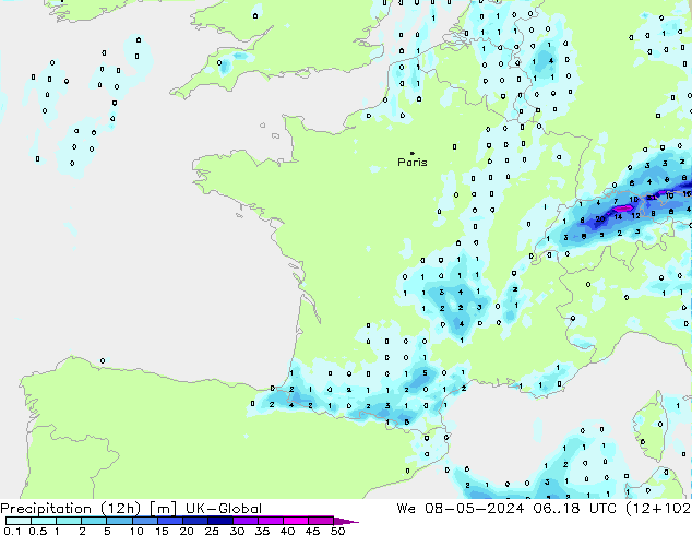 Precipitation (12h) UK-Global St 08.05.2024 18 UTC