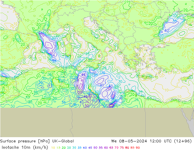Izotacha (km/godz) UK-Global śro. 08.05.2024 12 UTC